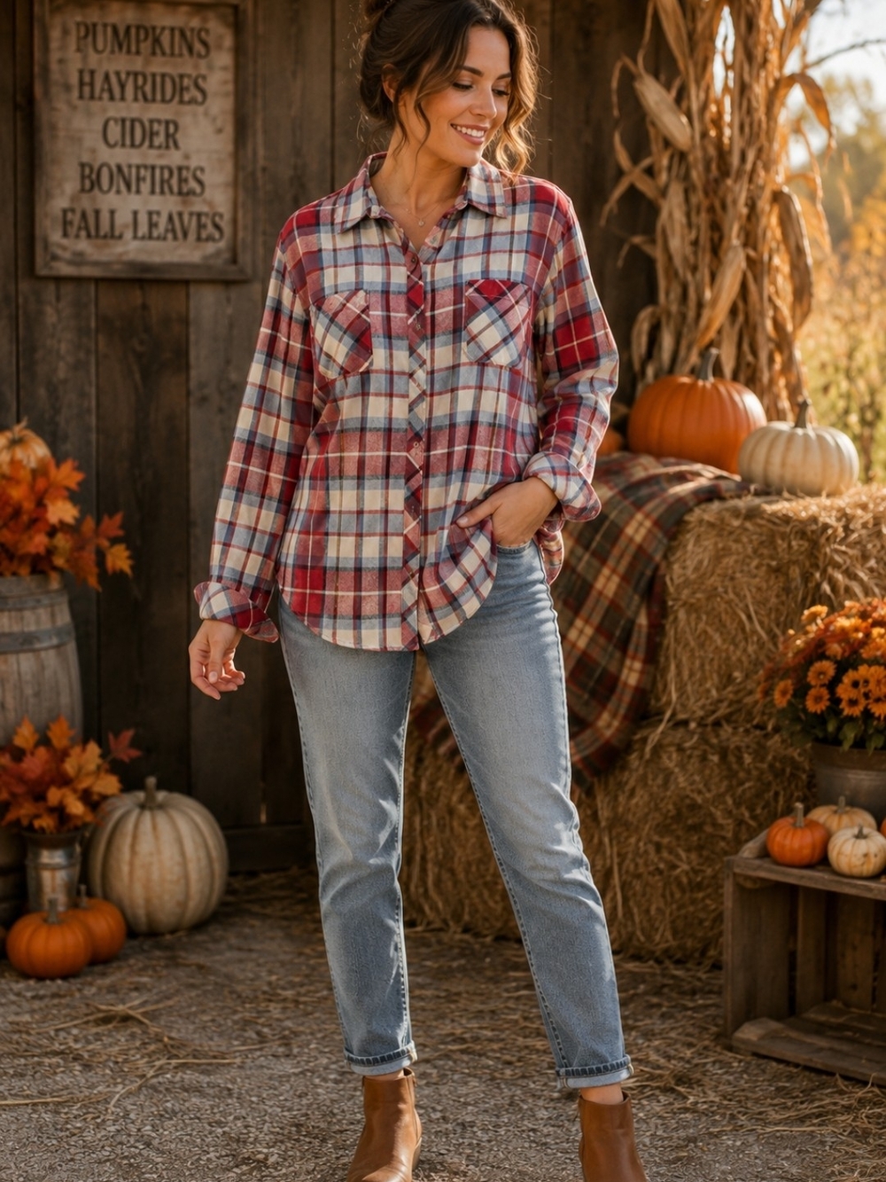Natural Reflections Red and Cream Plaid Button-Down Shirt